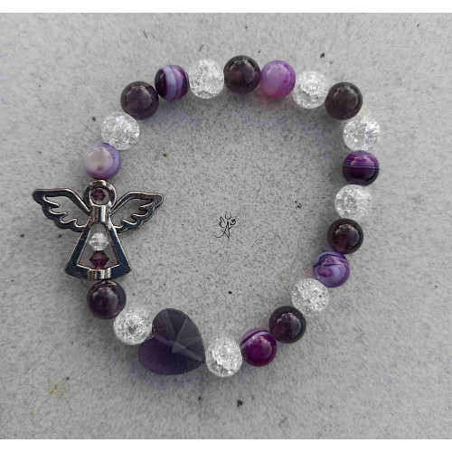 Náramek kuličkový -ametyst, achát s andílkem a srdcem
