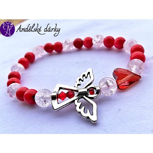 Náramek kuličkový - červený korál s andílkem a srdcem Swarovski
