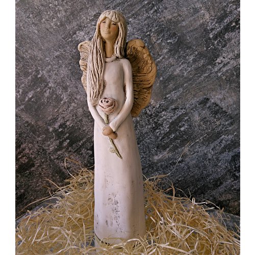 Andělská soška - anděl strážný s růží 31cm