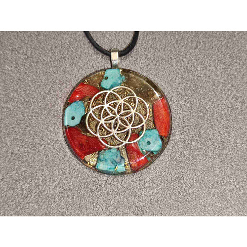 Orgonit květ života - červený korál, tyrkenit 3,5 cm