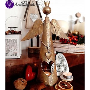 Vánoční svícen anděl s korunkou - kovový 31 cm