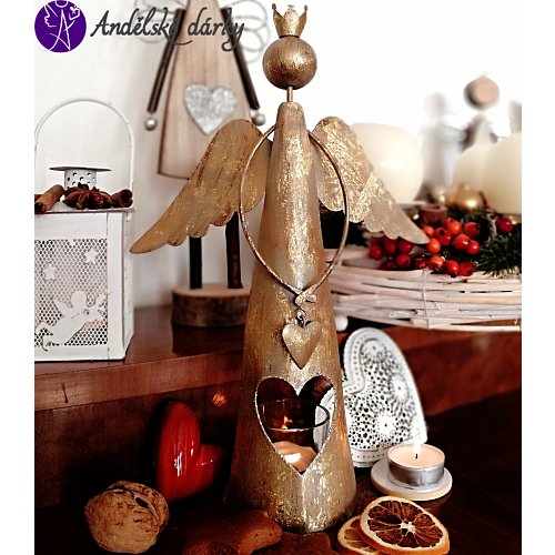 Vánoční svícen anděl s korunkou - kovový 31 cm