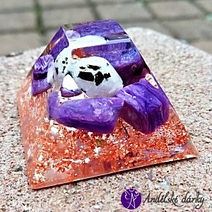 Orgonitová pyramida  malá- Měsíční kámen a Čaroit  Duchovní vhled 3,5 x 2,5 cm