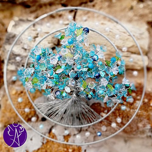Drátovaný strom života - na stříbrné niti andělů s tyrkysem 23 cm