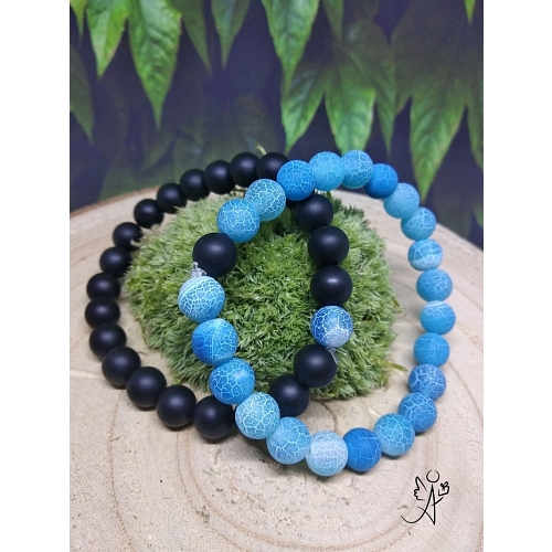 Partnerský náramek Sladké souznění, přírodní matný achát a ledový achát modrý