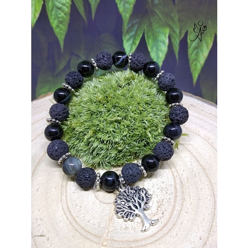 Náramek s přírodní lávou a pruhovaným achátem černý se stromem života