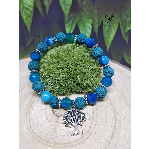 Náramek s přírodní lávou a pruhovaným achátem modrý se stromem života