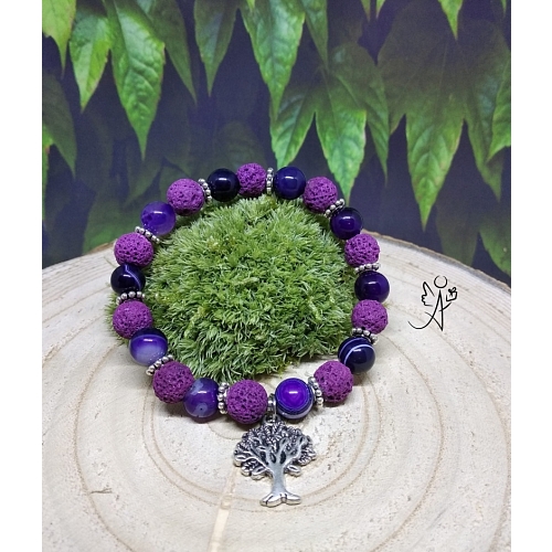 Náramek s přírodní lávou a pruhovaným achátem fialový se stromem života