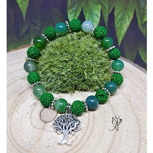 Náramek s přírodní lávou a pruhovaným achátem zelený se stromem života
