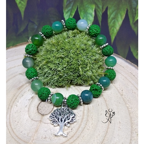 Náramek s přírodní lávou a pruhovaným achátem zelený se stromem života