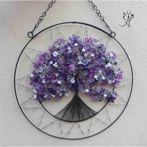 Drátovaný strom života - ametyst s motýlky 30 cm