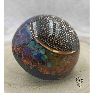 Orgonitová polokoule harmonizace čaker s šungitem a květem života 6 x 3,5cm